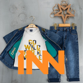 BOYS' SUIT WHOLESALE READY TOWEAR TRIPLE SUIT Jeans pants with a white printed sweater and a colorful sleeved denim jacket 034