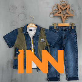 BOYS' SUIT WHOLESALE READY TOWEAR TRIPLE SUIT Jeans pants with a white printed sweater and a colorful sleeved denim jacket 034