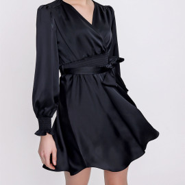 LONG SLEEVE SATIN MINI DRESS WITH BELT