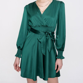 LONG SLEEVE SATIN MINI DRESS WITH BELT