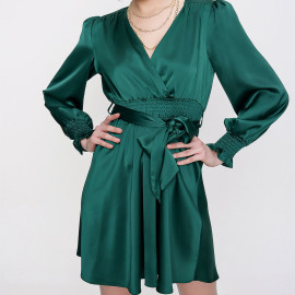 LONG SLEEVE SATIN MINI DRESS WITH BELT