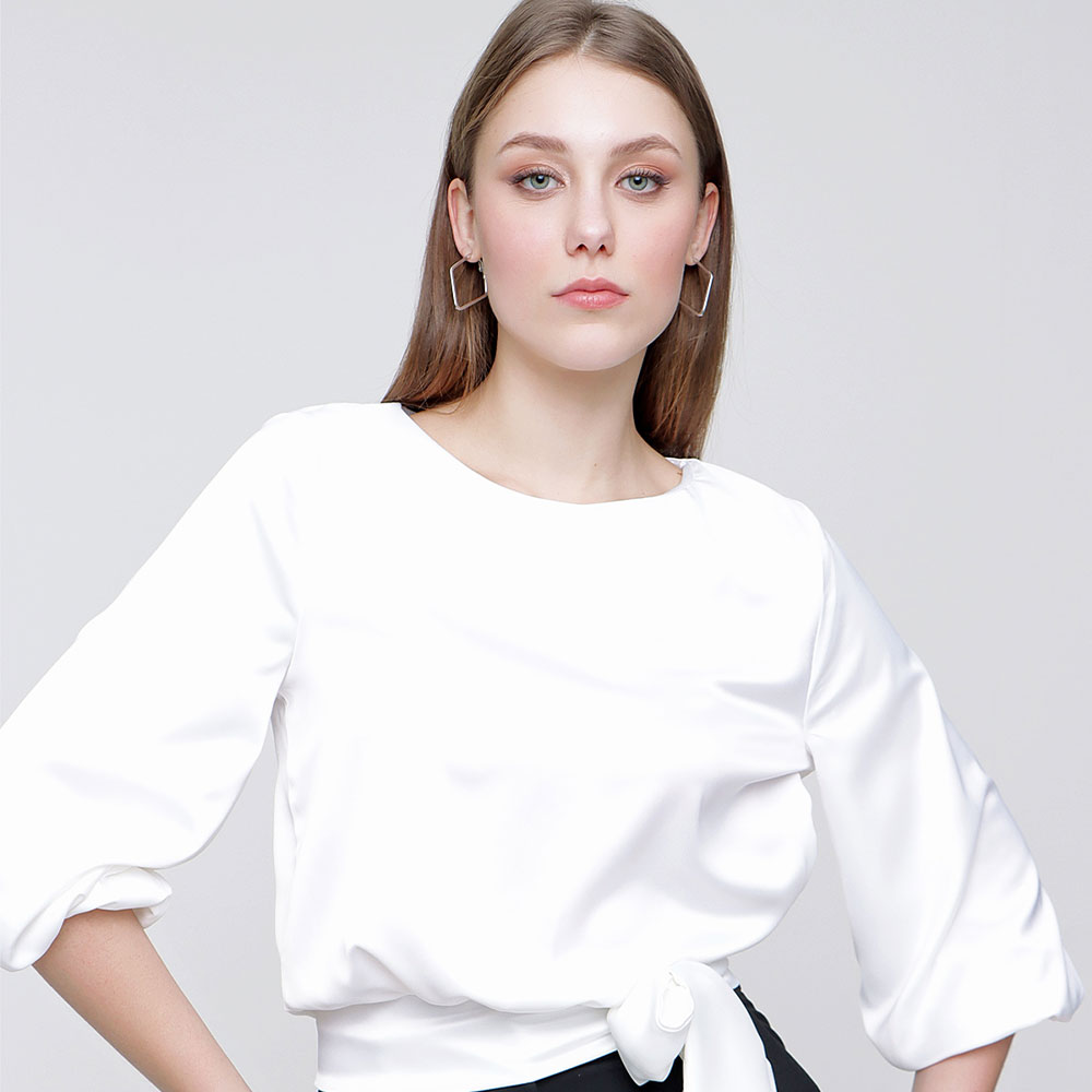 BELT DETAILED SATIN BLOUSE - WOMEN'S WEAR